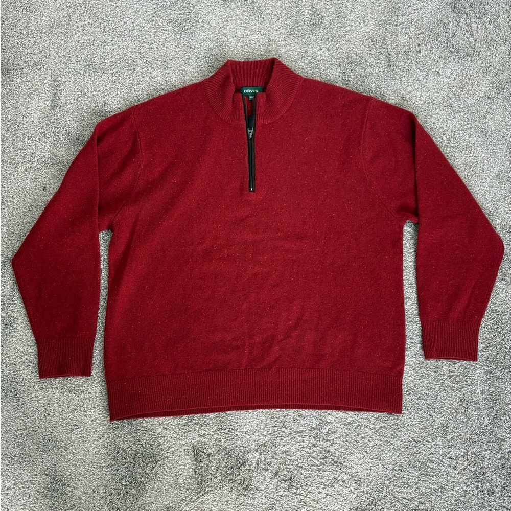 Orvis Quarter Zip Mock Neck Red 100% Wool Speckled Knit Pullover Sweater XXL